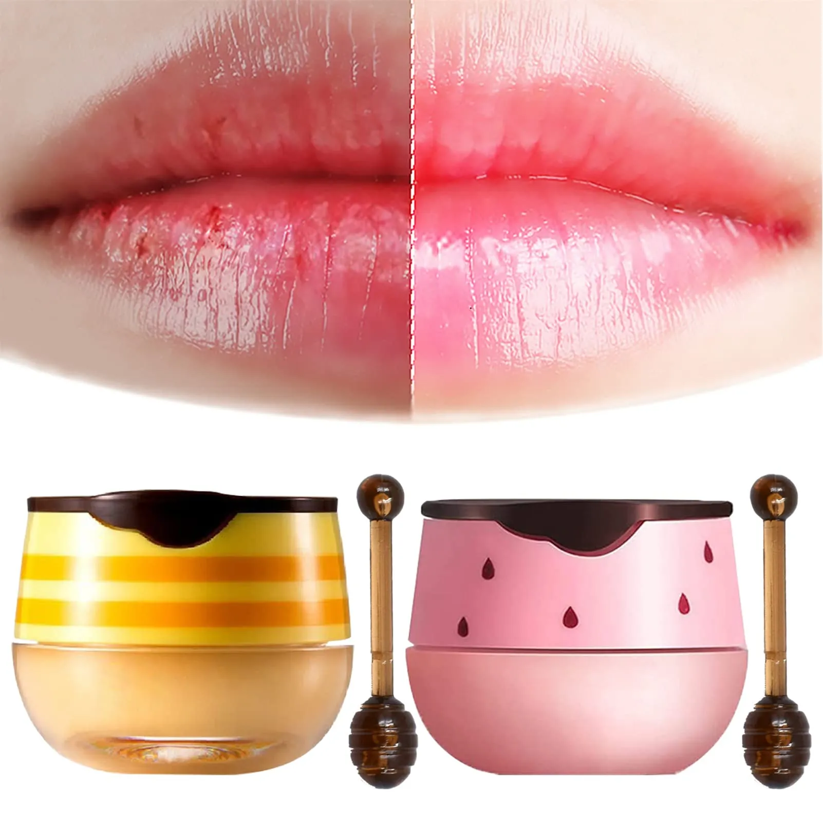 2PCS Lip Balm Honey Pot, Honey Pot Lip Balm for Dry Cracked Lips, Strawberry Lip Balm Scrubs Exfoliator & Moisturizer, Hydrating Lip Balm Honey Pot with Wand, Lip Sleeping Mask (C)