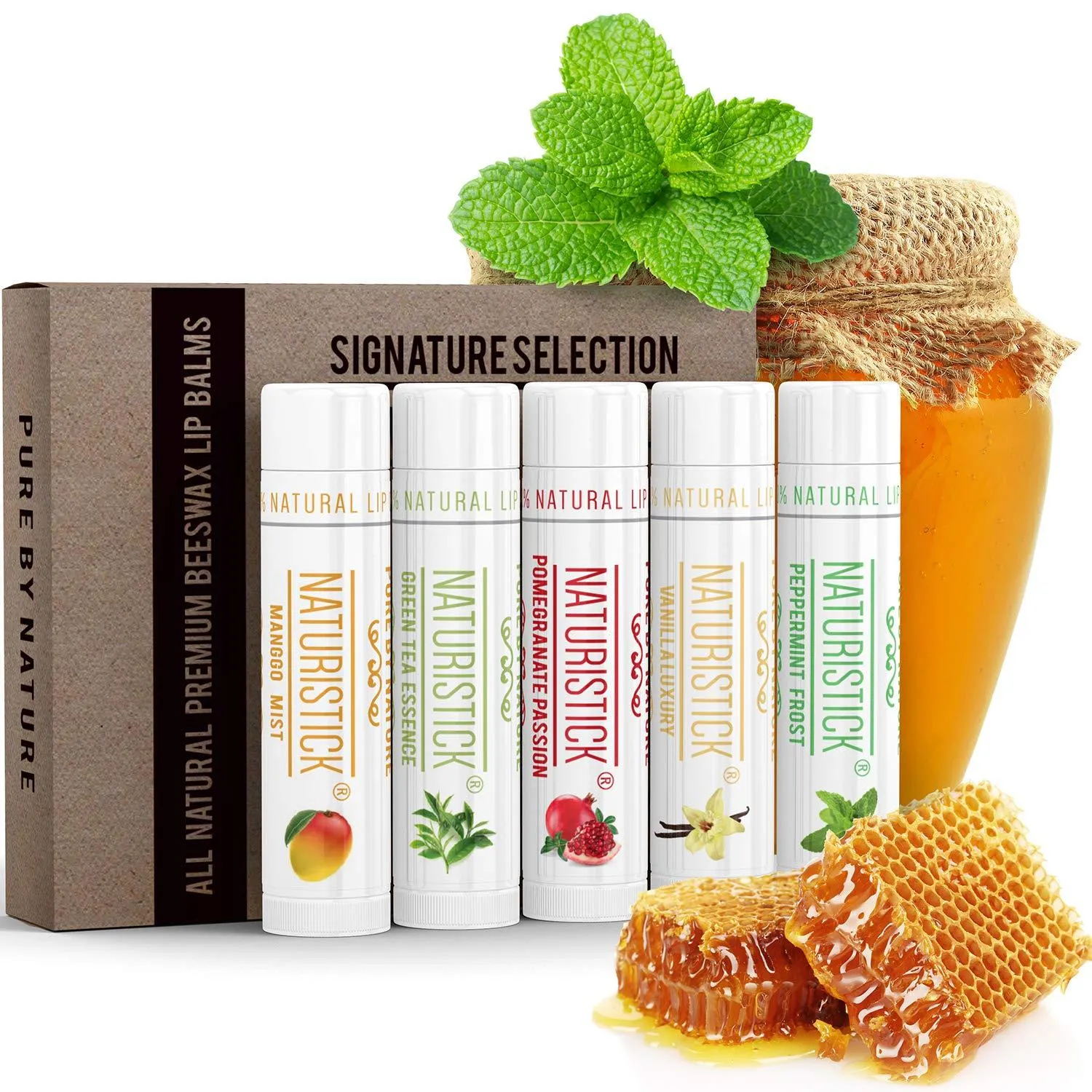 5-Pack Lip Balm Gift Set by Naturistick. Assorted Flavors. 100% Natural Ingredients. Best Beeswax Chapsticks for Dry, Chapped Lips. Made in USA for Men, Women and Children Variety 5 Count (Pack of 1)
