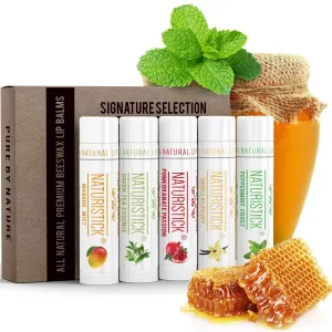 5-Pack Lip Balm Gift Set by Naturistick. Assorted Flavors. 100% Natural Ingredients. Best Beeswax Chapsticks for Dry, Chapped Lips. Made in USA for Men, Women and Children Variety 5 Count (Pack of 1)