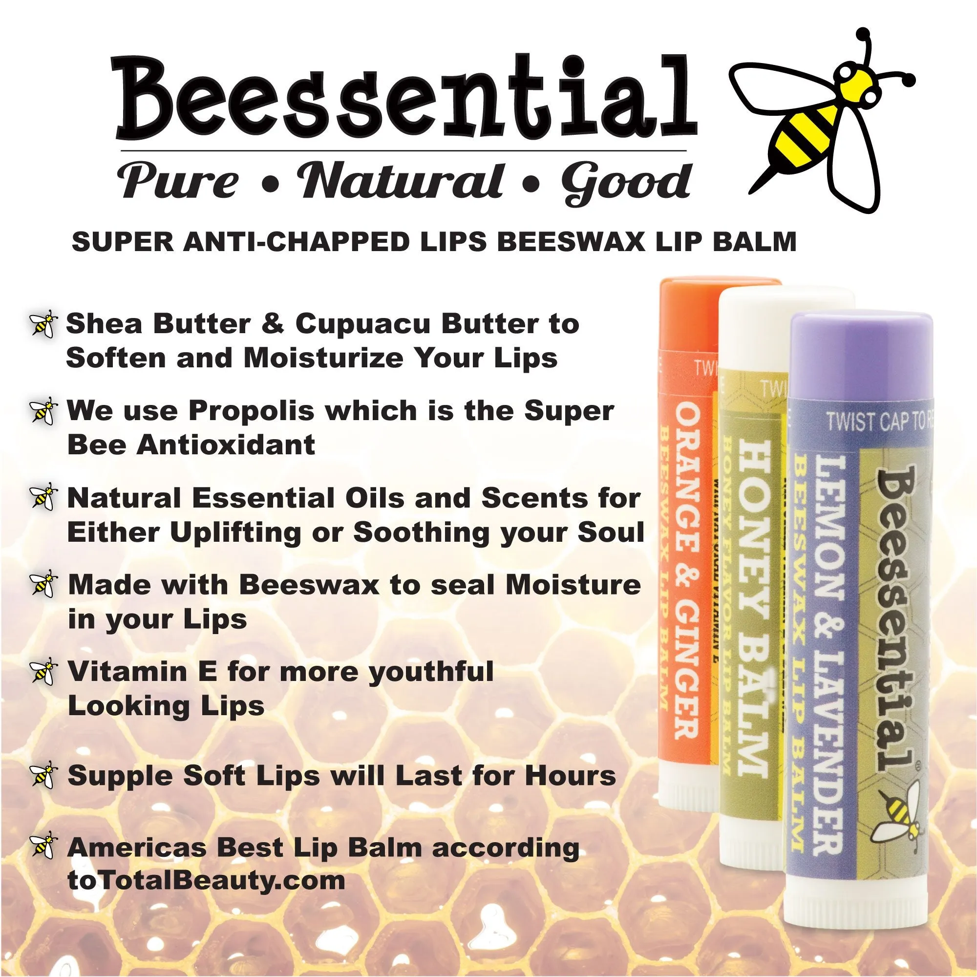 Beessential All Natural Lip Balm, Lemon Lavender, 2 Pack | For Dry and Chapped Lips, Great For Men, Women, and Children, Moisturizing Beeswax, Coconut, Shea and Cupuacu Butter