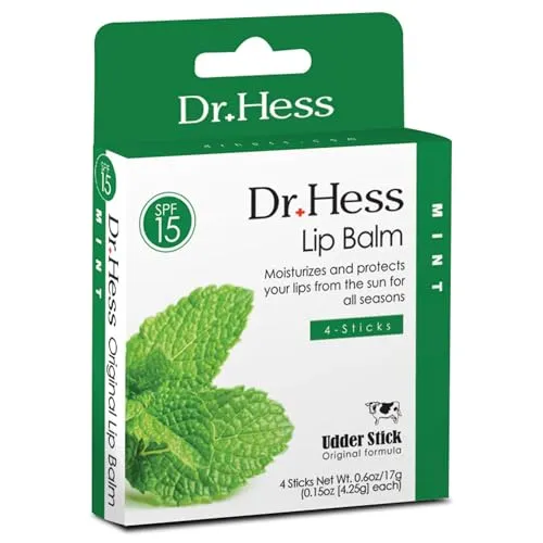 Dr. Hess Original Udder Stick SPF Lip Balm, Soothing Moisturizer Sun Screen Balm for Dry Lips with Jojoba, Beeswax & Shea Butter, Total Lip Care, Hydration & Repair, Mint Flavor, 4 Pack