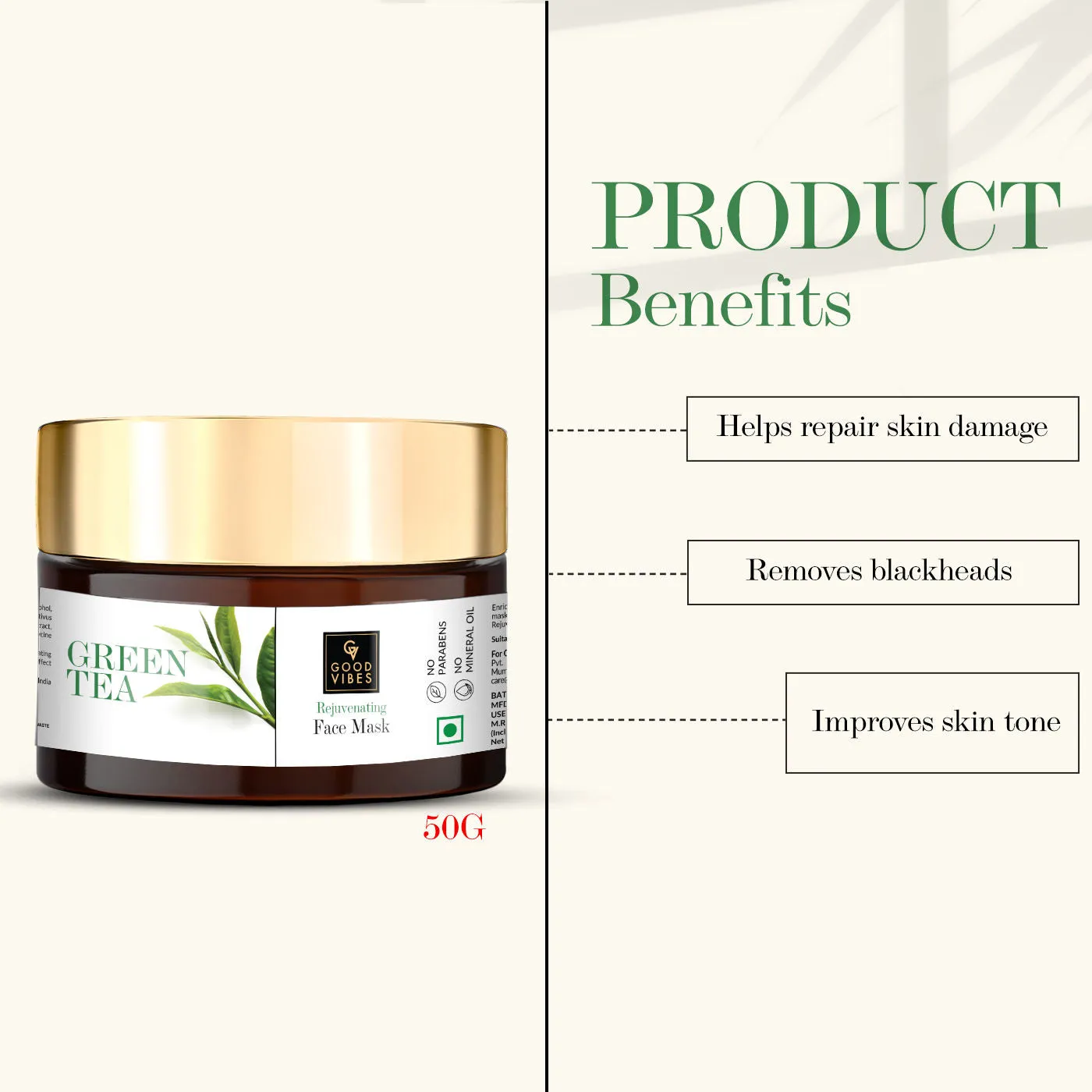 Good Vibes Green Tea Rejuvenating Face Mask | Moisturizing, Cleansing | No Parabens, No Sulphates, No Mineral Oil, No Animal Testing (50 gm)